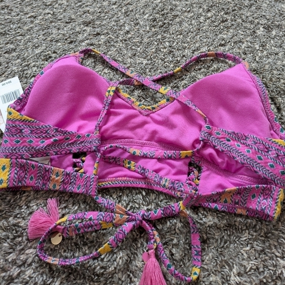 NWT Jessica Simpson pink yellow geometric v neck tie back bikini top L - Picture 5 of 9